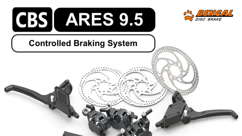 ARES brake set with 3 rotors two eleves and calipers as well as new mechanical piece used for the CBS —  Controlled Braking System — on both the ARES 9 CBS & ARES 9.5 CBS  